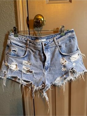 Zara Light Blue Distressed Denim Shorts